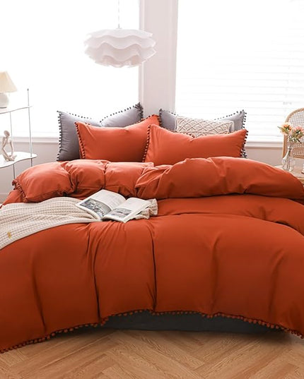 Burnt Orange Comforter Set Queen Size Rust Pom Comforter 3 PCs Burnt Orange Boho Ball Pom Fringe Queen Comforter Bedding Set Women Solid Terracotta Queen Bed Comforter Set All Season Gift - LeafyLoom