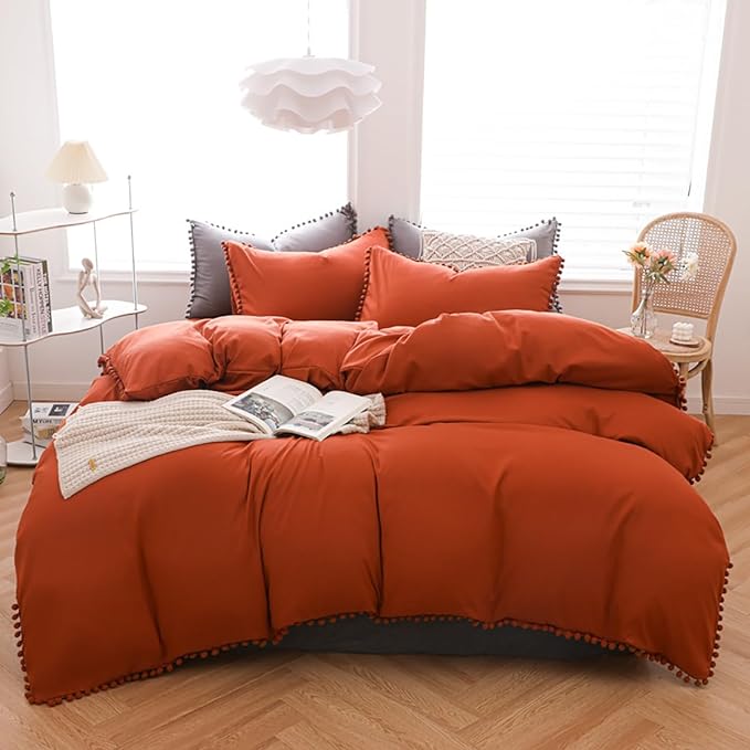 Burnt Orange Comforter Set Queen Size Rust Pom Comforter 3 PCs Burnt Orange Boho Ball Pom Fringe Queen Comforter Bedding Set Women Solid Terracotta Queen Bed Comforter Set All Season Gift - LeafyLoom