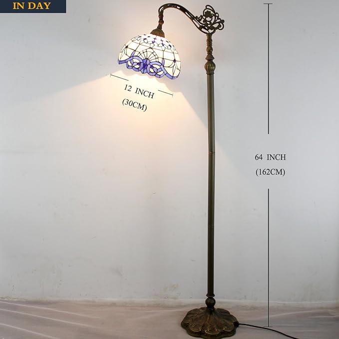 WERFACTORY Tiffany Floor Lamp Navy Blue White Stained Glass Arched Lamp 12X18X64 Inches Gooseneck Adjustable Corner Standing Reading Light Decor Bedroom Living Room S003B Series - LeafyLoom