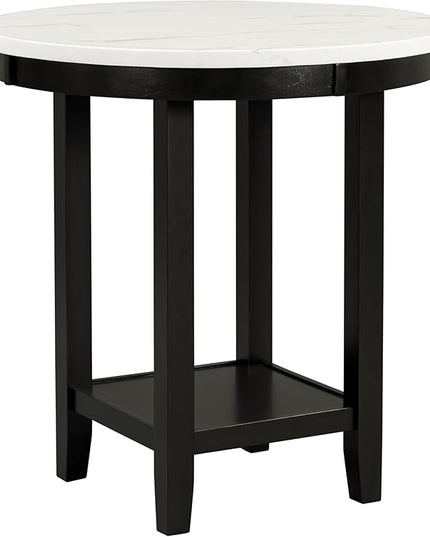 5-Piece Retro Counter Height Round Dining Table Set with Faux Marble Veneer and Bottom Shelf, 4 PU Leather Upholstered Chairs, for Kitchen, Breakfast Nook, Bar, Living Room, Dark Espresso - LeafyLoom