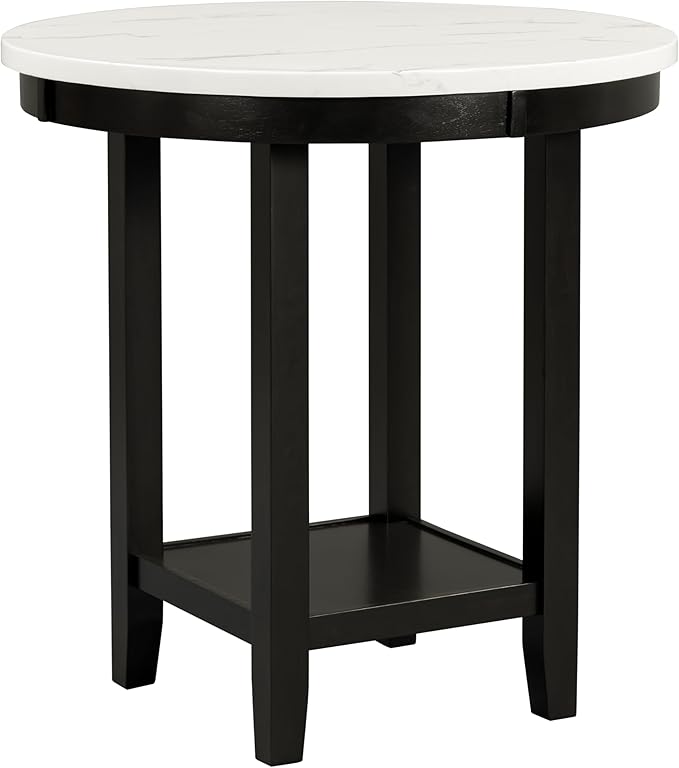5-Piece Retro Counter Height Round Dining Table Set with Faux Marble Veneer and Bottom Shelf, 4 PU Leather Upholstered Chairs, for Kitchen, Breakfast Nook, Bar, Living Room, Dark Espresso - LeafyLoom