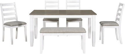 Rustic Style 6-Piece Dining Room Table Set with 4 Upholstered Chairs & a Bench, Brown + Whitewash, 60" L x 36" W x 30" H - LeafyLoom