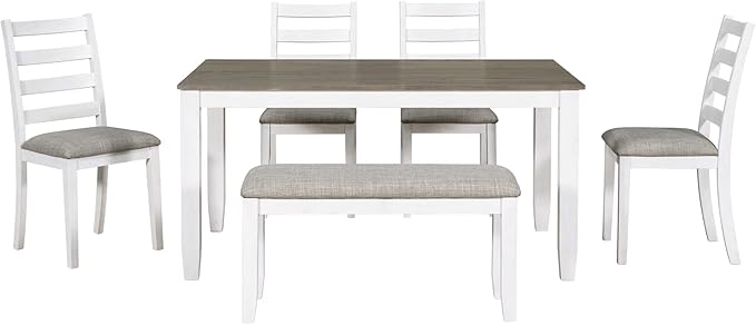 Rustic Style 6-Piece Dining Room Table Set with 4 Upholstered Chairs & a Bench, Brown + Whitewash, 60" L x 36" W x 30" H - LeafyLoom
