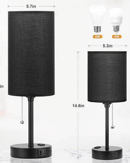 Dicoool 18Inch Tall Bedroom Lamps with USB C and A Ports 3 Color Temperatures - Pull Chain Black Nightstand Bedside Table Lamp with AC Outlet, Side Lamp for Living Room End Table - LeafyLoom
