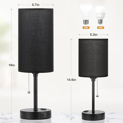 Dicoool 18Inch Tall Bedroom Lamps with USB C and A Ports 3 Color Temperatures - Pull Chain Black Nightstand Bedside Table Lamp with AC Outlet, Side Lamp for Living Room End Table - LeafyLoom