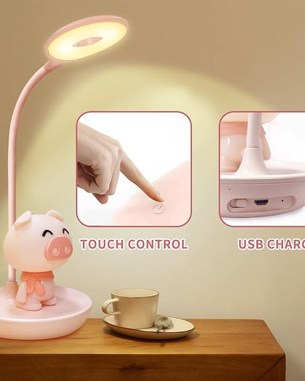 Kids Desk Lamp Pink, Dimming Desk Lamp for Girls with Exclusive Cartoon Look, Cute Night Light for Kids Bedroom, Eye-Caring LED Portable Reading Lamp for Child, Unique Gift (Pink Pig) - LeafyLoom