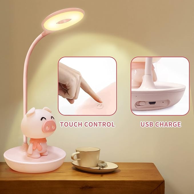 Kids Desk Lamp Pink, Dimming Desk Lamp for Girls with Exclusive Cartoon Look, Cute Night Light for Kids Bedroom, Eye-Caring LED Portable Reading Lamp for Child, Unique Gift (Pink Pig) - LeafyLoom