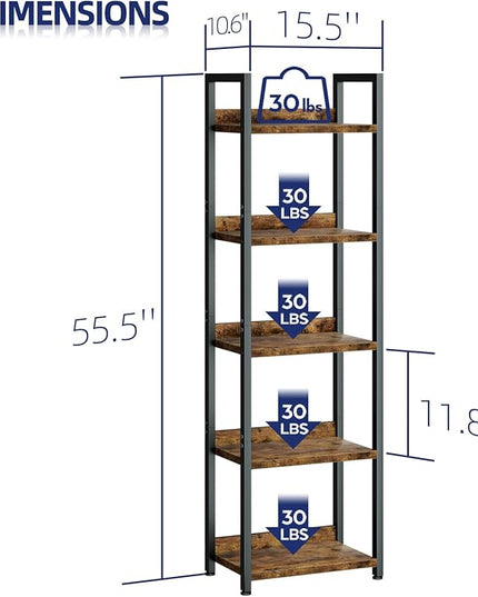 NUMENN Narrow Bookshelf, 5 Tier Bookshelves, Home Office Bookcase Shelf Storage Organizer, Free Standing Storage Shelving Unit for Bedroom, Living Room and Home Office, Vintage - LeafyLoom