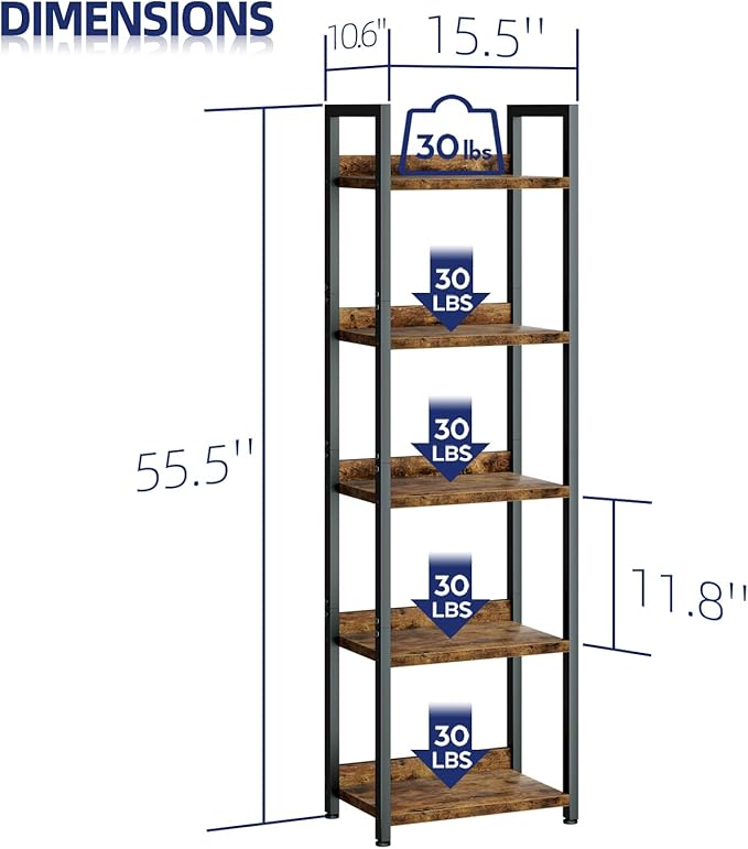 NUMENN Narrow Bookshelf, 5 Tier Bookshelves, Home Office Bookcase Shelf Storage Organizer, Free Standing Storage Shelving Unit for Bedroom, Living Room and Home Office, Vintage - LeafyLoom