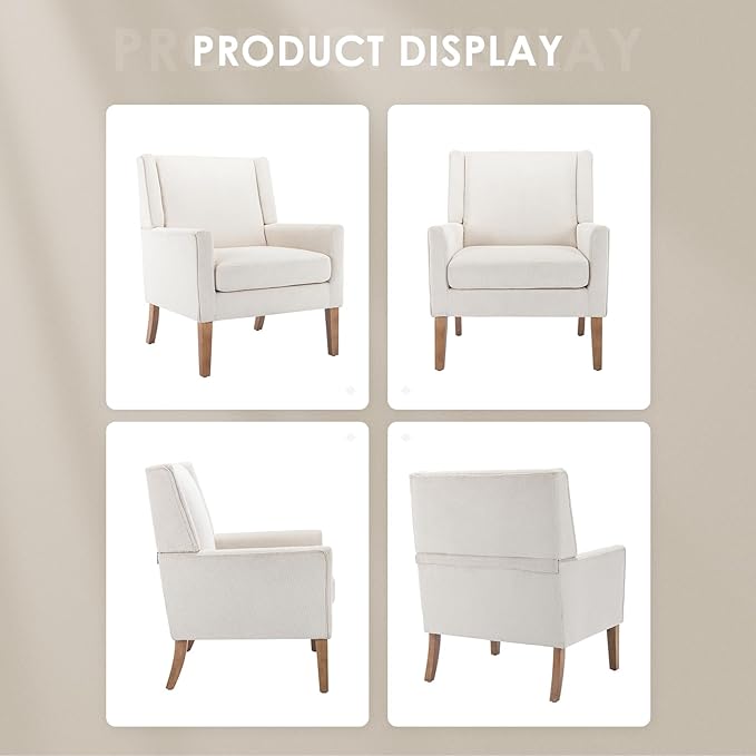 COLAMY Modern Wingback Living Room Chair, Upholstered Fabric Accent Armchair, Single Sofa chair with Lounge Seat and Wood Legs for Bedroom/Office/Reading Spaces, Beige - LeafyLoom