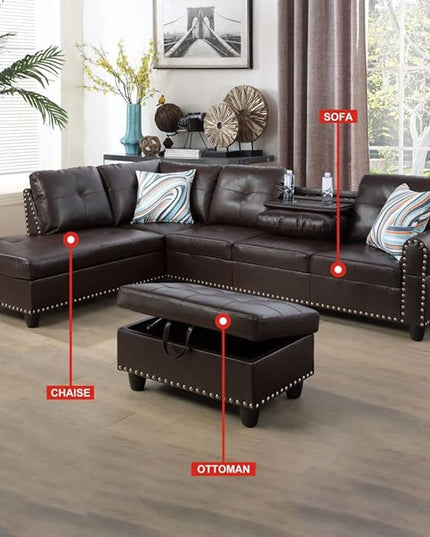 Living Room Furniture L Shaped Sectional Sofa Set with Storage Ottoman and Cup Holders, Wide Convertible Upholstered Couch for Home Office, Brown B - LeafyLoom
