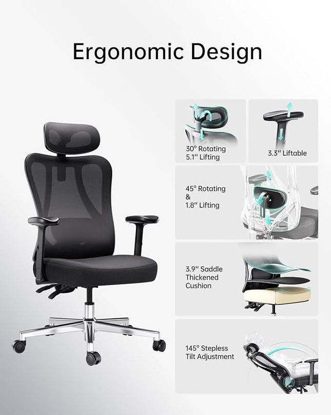 Hbada P3 Ergonnomic Office Chair with 2D Adjustable Lumbar Support, Office Chair with Adjustable Headrest and Armrest, 145° Stepless Tilt Function, Thick Seat Cushion, Black(No Footrest) - LeafyLoom