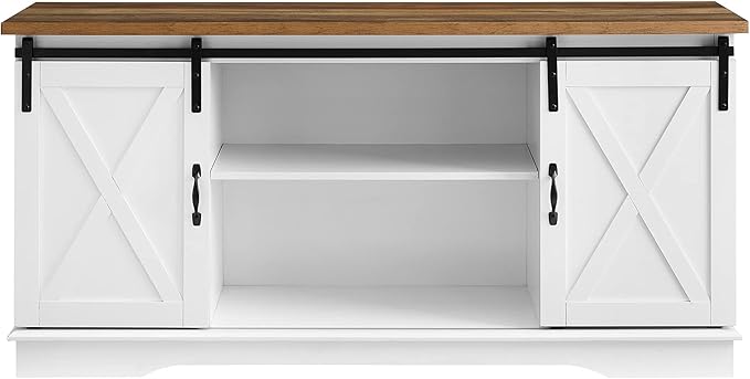 Walker Edison Richmond Modern Farmhouse Sliding Barn Door TV Stand for TVs up to 65 Inches, 58 Inch, White and Rustic Oak - LeafyLoom