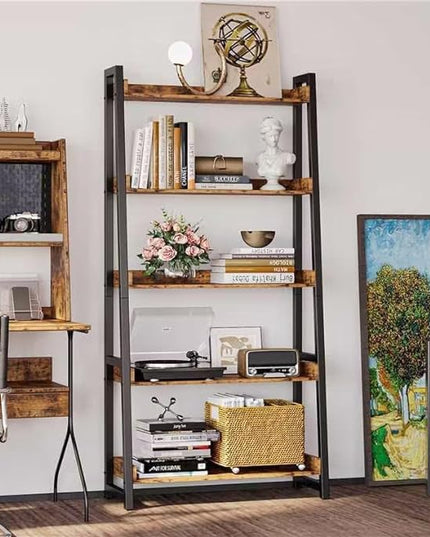 IRONCK Industrial Bookshelf 5-Tier 31.5in Wide, Bookcase Ladder Shelf, Storage Shelves Rack Shelf Unit, Accent Furniture Metal Frame, Home Office Furniture for Bathroom, Living Room - LeafyLoom