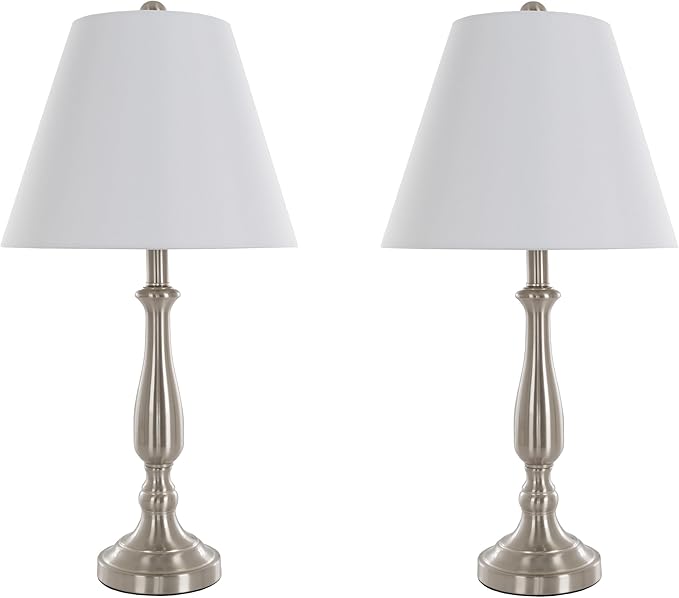 Brushed Steel Table Lamps - Set of 2 Traditional Accent Lights with LED Bulbs - Home Décor for Bedroom, Living Room, Office, or Entry by Lavish Home - LeafyLoom