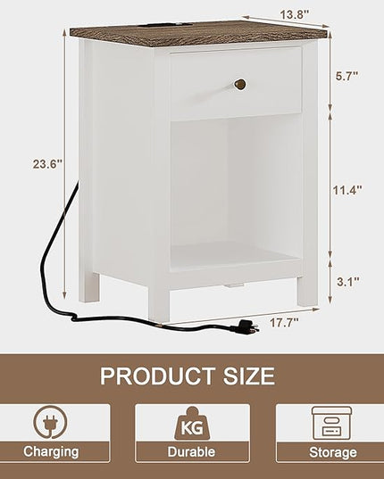 ChooChoo Farmhouse Nightstand Set of 2,Night Stand with Charging Station, Wooden Top Bedside End Table with Drawer and Storage Space for Bedroom, White - LeafyLoom