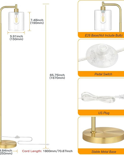 MAXvolador Industrial Floor Lamp, Modern Standing Lamps with Hanging Clear Glass Shade, Classic Reading Tall Pole Light for Living Room Bedroom, Gold - LeafyLoom