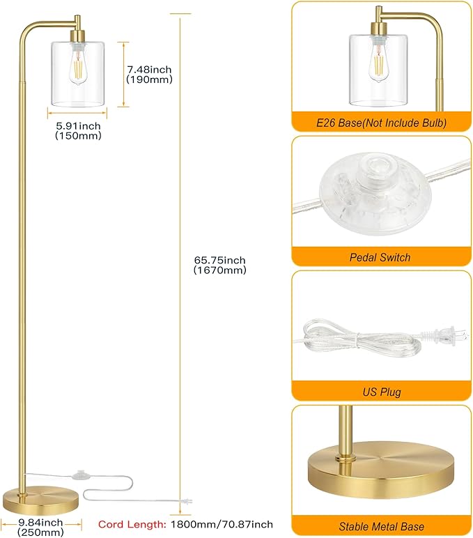 MAXvolador Industrial Floor Lamp, Modern Standing Lamps with Hanging Clear Glass Shade, Classic Reading Tall Pole Light for Living Room Bedroom, Gold - LeafyLoom