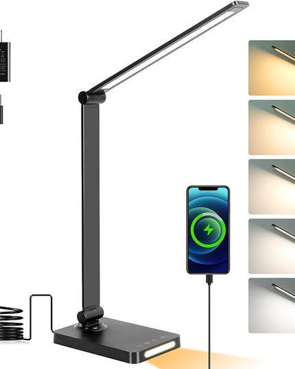 LED Desk Lamp with USB Ports,Touch Desk Lamps for Home Office with 5 Color Modes,3 Brightness Desk Light with Small Night Light,Reading Lamp Table Lamp for Bedroom Bedside Study Black （with adapter） - LeafyLoom
