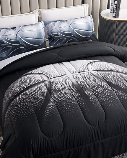 Teen Boy Comforter Set Queen,Basketball Bedding Set for Kids Boys Teens,Black and Grey Sports Comforter Queen with 2 Pillowcases,Basketball Comforter Queen Size for Boys,All Season Use - LeafyLoom