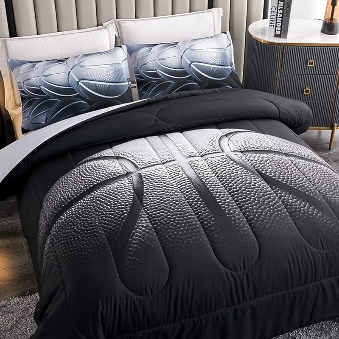 Teen Boy Comforter Set Full,Basketball Bedding Set for Kids Boys Teens,Black and Grey Sports Comforter Full with 2 Pillowcases,Basketball Comforter Full Size for Boys,All Season Use - LeafyLoom