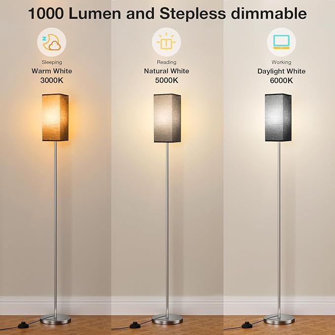 Ambimall Remote Control Floor Lamp, Stepless Dimmable, 64 Inches Tall, Include 9W Bulb, Standing Lamp for Living Room Bedroom Office (Black & Sliver) - LeafyLoom