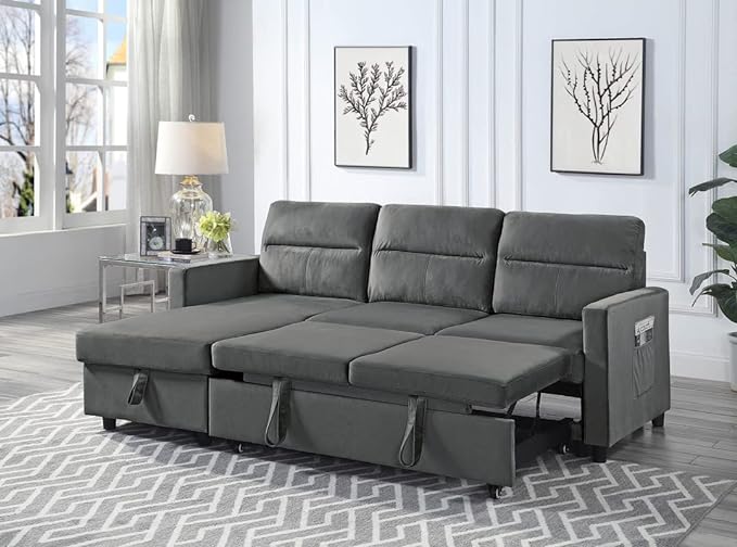Velvet L-Shaped Sectional Sofa Sleeper with Storage Chaise & Side Pocket, Reversible 3 Seater Corner Couch with Pull Out Bed for Living Room Apartment Small Space, Dark Gray, 81.5 - LeafyLoom