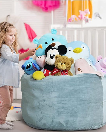 Bean Bag Chair Cover, Stuffed Animal Storage, Plush Toys Organizer Holder, Beanbag Chairs Cover for Kids Teans and Adults Super Soft and Comfortable Fabric X-Large with Handle and Zipper -Round Grey - LeafyLoom