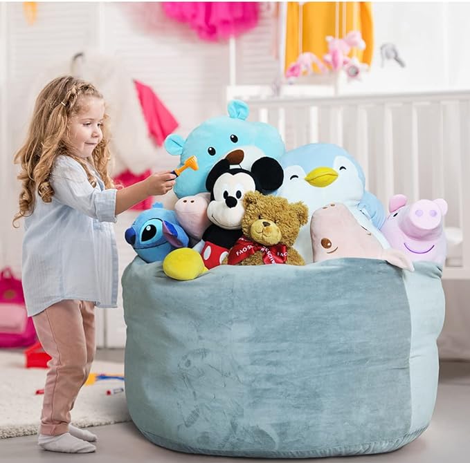 Bean Bag Chair Cover, Stuffed Animal Storage, Plush Toys Organizer Holder, Beanbag Chairs Cover for Kids Teans and Adults Super Soft and Comfortable Fabric X-Large with Handle and Zipper -Round Grey - LeafyLoom
