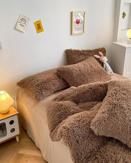 Faux Fur Kids Girls Coffee Comforter Sets King - 3PC Bed Set Warm Comfortable Soft Plush Flannel Velvet Fluffy Fuzzy Bedding（Comforter x 1 Pillowcases x 2） - LeafyLoom