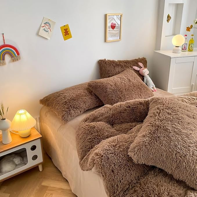 Faux Fur Kids Girls Coffee Comforter Sets King - 3PC Bed Set Warm Comfortable Soft Plush Flannel Velvet Fluffy Fuzzy Bedding（Comforter x 1 Pillowcases x 2） - LeafyLoom