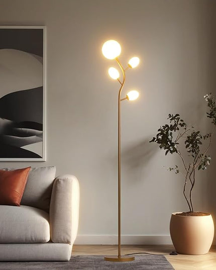 Modern Gold 4 Globe Floor Lamp for Living Room - Contemporary Tree Floor Lamp with White Frosted Glass Shade and LED Bulbs, Mid Century Modern Standing Lamp for Bedroom & Home Office - LeafyLoom