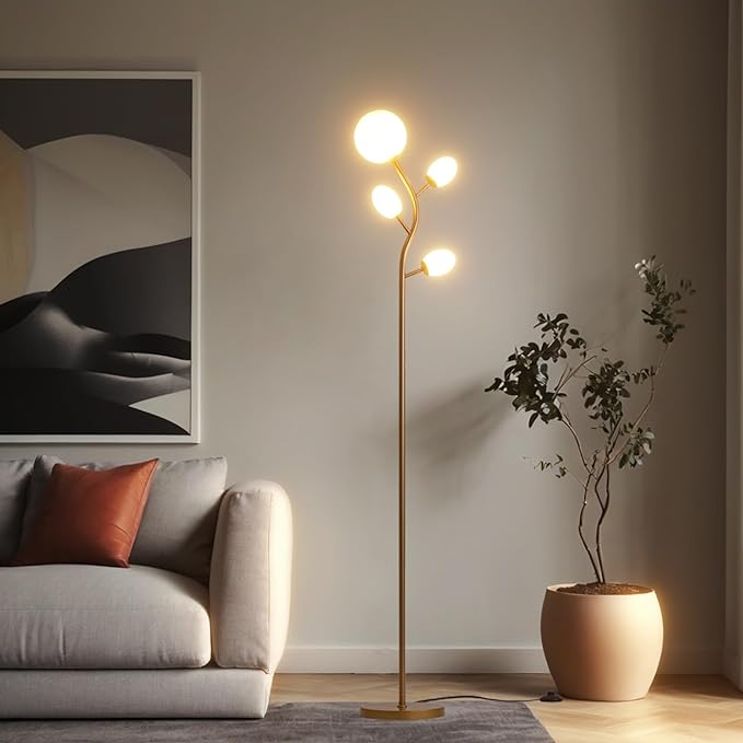 Modern Gold 4 Globe Floor Lamp for Living Room - Contemporary Tree Floor Lamp with White Frosted Glass Shade and LED Bulbs, Mid Century Modern Standing Lamp for Bedroom & Home Office - LeafyLoom