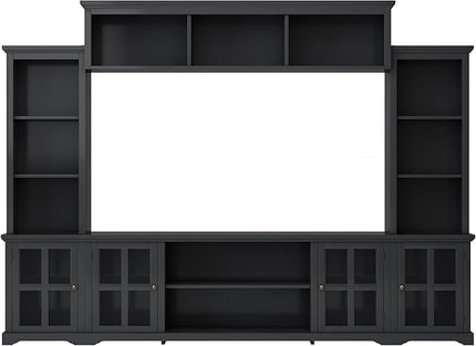 Merax Multifunctional TV Stand with Tempered Glass Door, Minimalism Style Entertainment Wall Unit with Bridge Modern Console Table for Televisions Up to 70”, 104.3 inch Length, Black - LeafyLoom