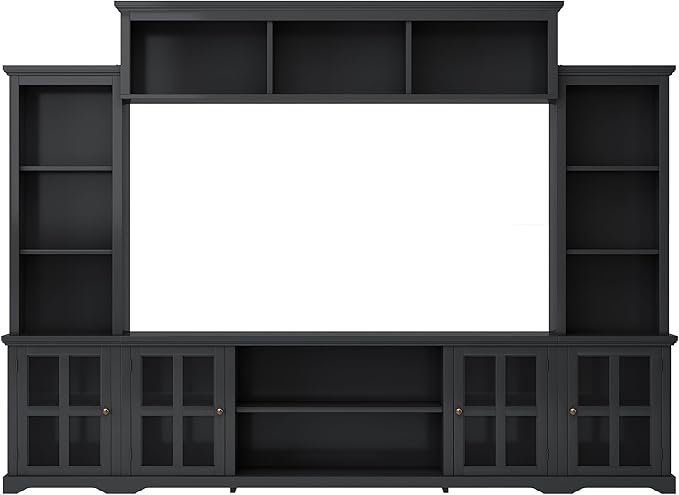 Merax Multifunctional TV Stand with Tempered Glass Door, Minimalism Style Entertainment Wall Unit with Bridge Modern Console Table for Televisions Up to 70”, 104.3 inch Length, Black - LeafyLoom