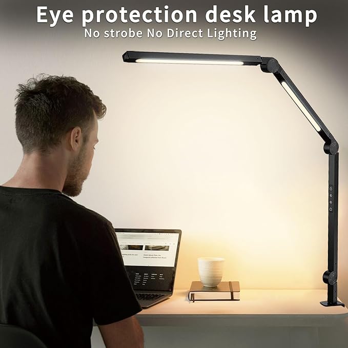 LED Desk Lamp with Clamp Flexible 3 Sections Swing Arm 2 Light Sources Desk Light, 4 Color Modes & 5 Brightness, Eye Caring Led Table Light with Memory Function for Table Lamps for Office - LeafyLoom