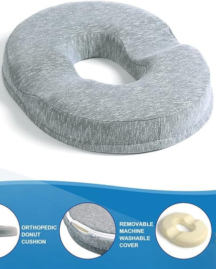 JEMA Donut Pillow, Tailbone Memory Foam Seat Cushion by Ergonomic Innovations for Sores, Coccyx, Sciatica, Pregnancy, Post Natal (Grey) - LeafyLoom