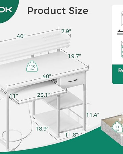 AODK Small Computer Desk with Keyboard Tray, 40 Inch Office Desk with Power Outlet, Work Desk with Drawer, Reversible Desk with Adjustable Monitor Shelf and Storage Shelf for Home, White - LeafyLoom
