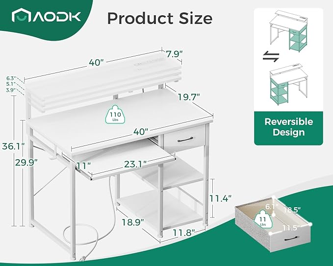 AODK Small Computer Desk with Keyboard Tray, 40 Inch Office Desk with Power Outlet, Work Desk with Drawer, Reversible Desk with Adjustable Monitor Shelf and Storage Shelf for Home, White - LeafyLoom