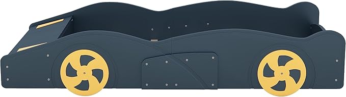 Twin Size Car Bed with Storage Space,Race Car-Shaped Platform Wooden Bedframe W/Wheels,No Box Spring Required,for Boys Toddlers Kids Child's Bedroom,Dark Blue+Yellow - LeafyLoom
