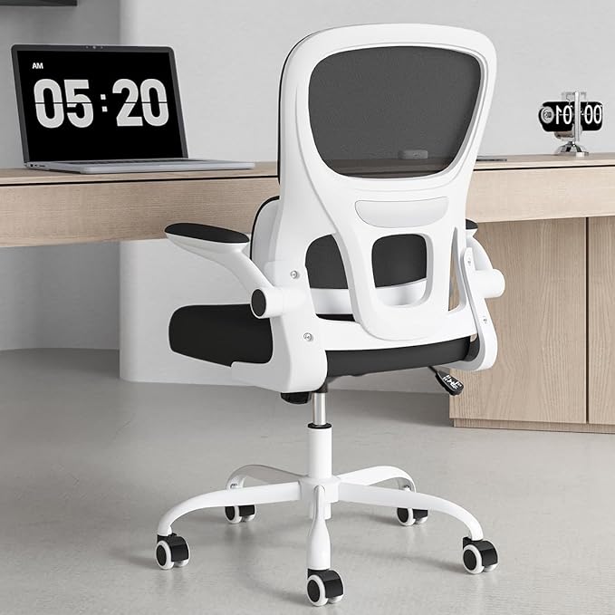 Soohow Ergonomic Home Office Chair, Mesh Desk Chair with Lumbar Support, Comfy Computer Desk Chair with Flip Armrest Rolling Wheels, White. - LeafyLoom