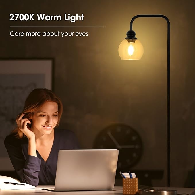 Modern Floor Lamps for Living Room with 6W LED Bulb, Industrial Floor Lamp, Clear Glass, Black Classic Reading Tall Lamp for Home Office, Standing Lamps for Bedroom, Study, Minimalist, Vintage - LeafyLoom