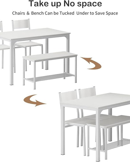 SDHYL Dining Table Set for 4, 43" Dining Room Table with Two Chairs and One Bench, 4 Pieces Set Table Top with Metal Legs in Living Room, Dining Room, Space Saving Kitchen Table Set, White - LeafyLoom