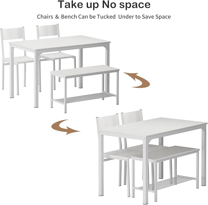 SDHYL Dining Table Set for 4, 43" Dining Room Table with Two Chairs and One Bench, 4 Pieces Set Table Top with Metal Legs in Living Room, Dining Room, Space Saving Kitchen Table Set, White - LeafyLoom