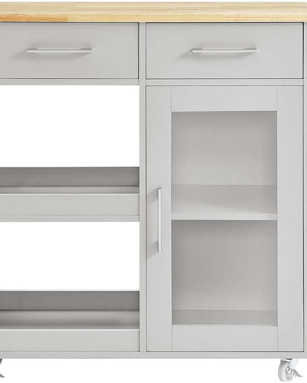 Modway Culinary Rolling Kitchen Cart with Storage in Light Gray Natural - 3 Tiers Kitchen Island on Wheels with Towel Bar, Functional as a Coffee Station, Bar Cabinet or Butcher Block Island - LeafyLoom