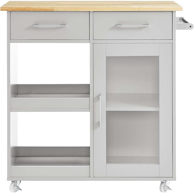 Modway Culinary Rolling Kitchen Cart with Storage in Light Gray Natural - 3 Tiers Kitchen Island on Wheels with Towel Bar, Functional as a Coffee Station, Bar Cabinet or Butcher Block Island - LeafyLoom