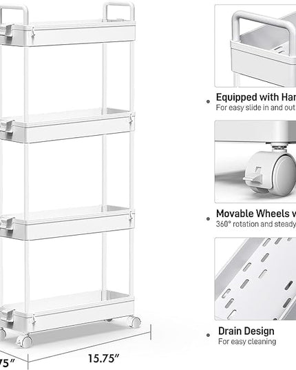 SOLEJAZZ Slim Storage Cart, 4 Tier Bathroom Organizer Mobile Shelving Unit, Rolling Utility Cart Slide Out Organizer for Kitchen, Bathroom, Laundry, Narrow Places, White - LeafyLoom