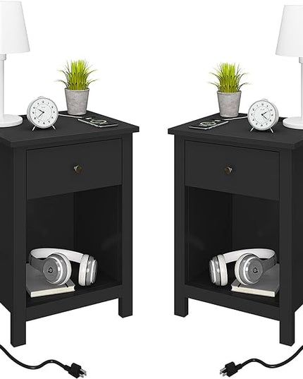 ChooChoo Black Nightstand Set of 2,Night Stand with Charging Station, Wooden Top Bedside End Table with Drawer and Storage Space for Bedroom - LeafyLoom