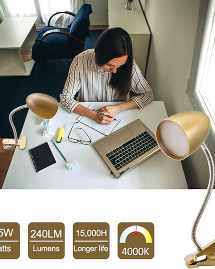 Energetic Clip on Lamp for Bed, Non-Dimmable Reading Light for Bed and Desk, 4000K Cool White, 3.5W 240 LM Flexible Gooseneck lamp, Eye Protection, ETL Listed, Gold - LeafyLoom