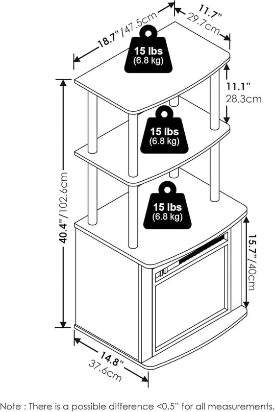 Furinno Turn-N-Tube 2-Tier Tall TV Entertainment Side Table Display Rack with Fireplace Insert, Solid White/Black - LeafyLoom